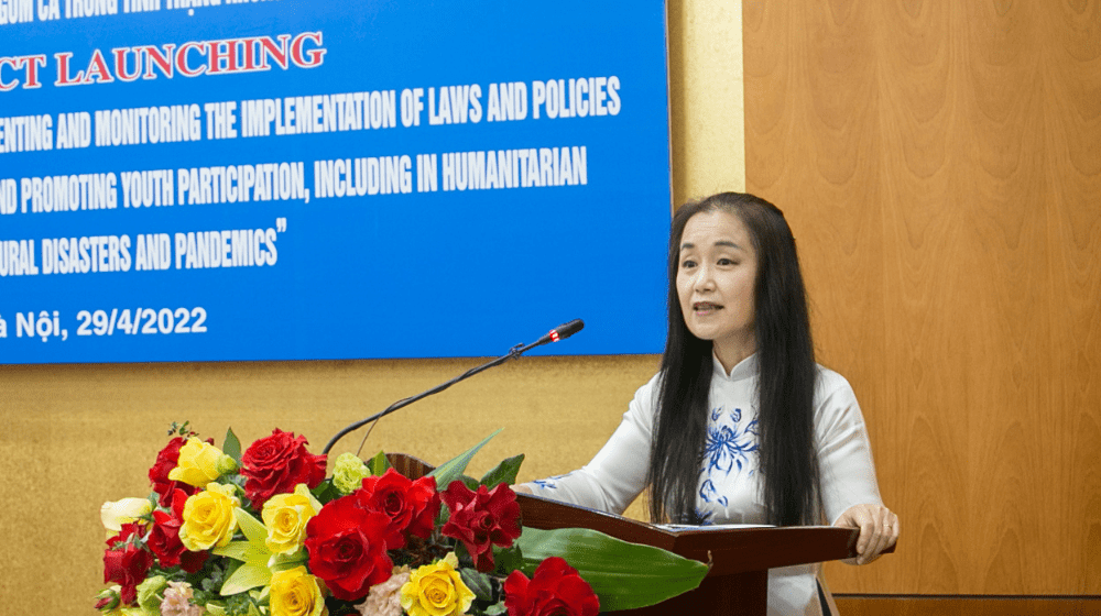 Ms. Naomi Kitahara giving a speech during the launching ceremony 