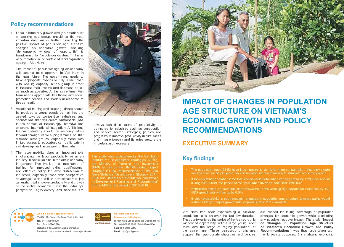 Impact of changes in population age structure on Viet Nam's economic growth and policy recommendations