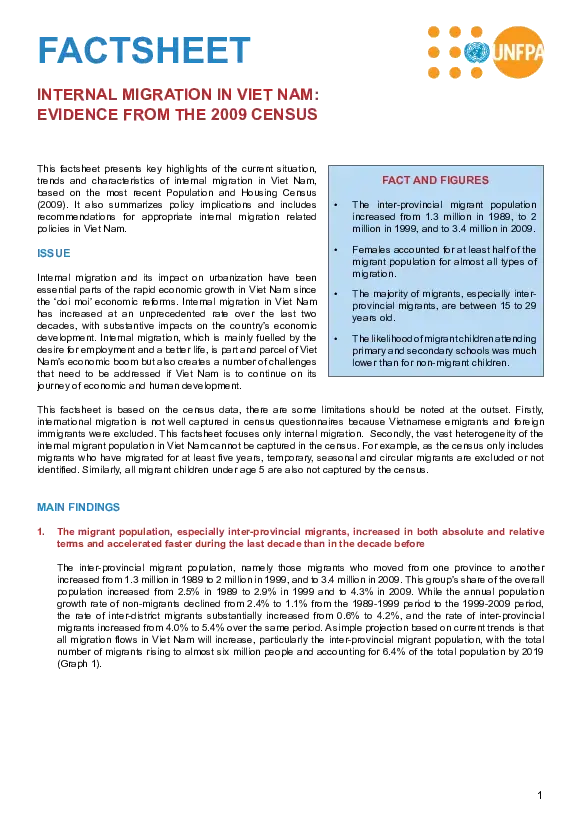 Fact Sheet on Internal Migration in Viet Nam: Evidence from the 2009 Census